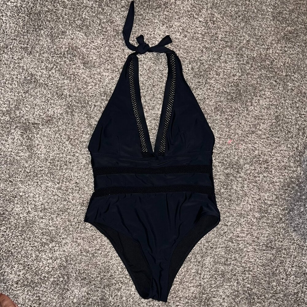Black Halter One-Piece Swimsuit with Mesh Detail - Size Large